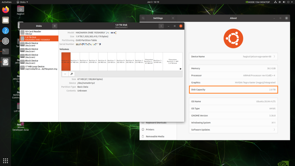 screenshot of "disk management" dialog in JetPack installed on NVMe drive