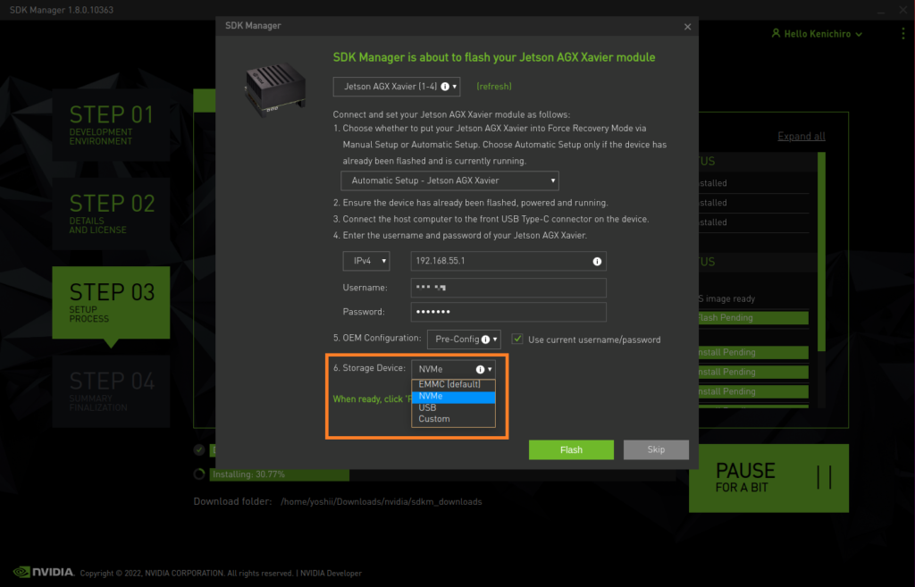 selecting an NVMe drive for installing JetPack